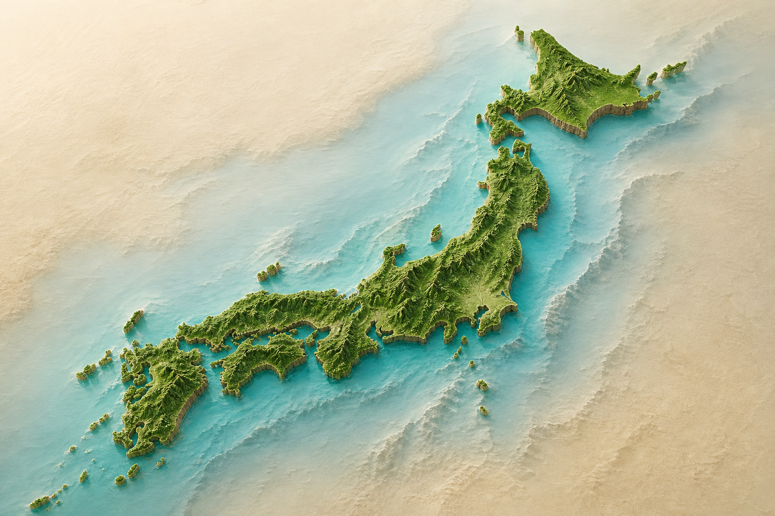 3D-style green relief map of Japan