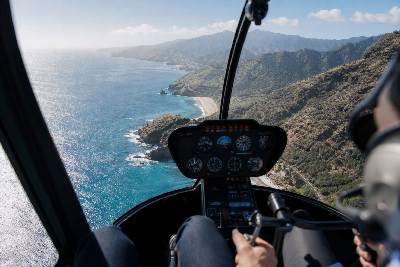 Helicopter on an aerial filming mission above a city
