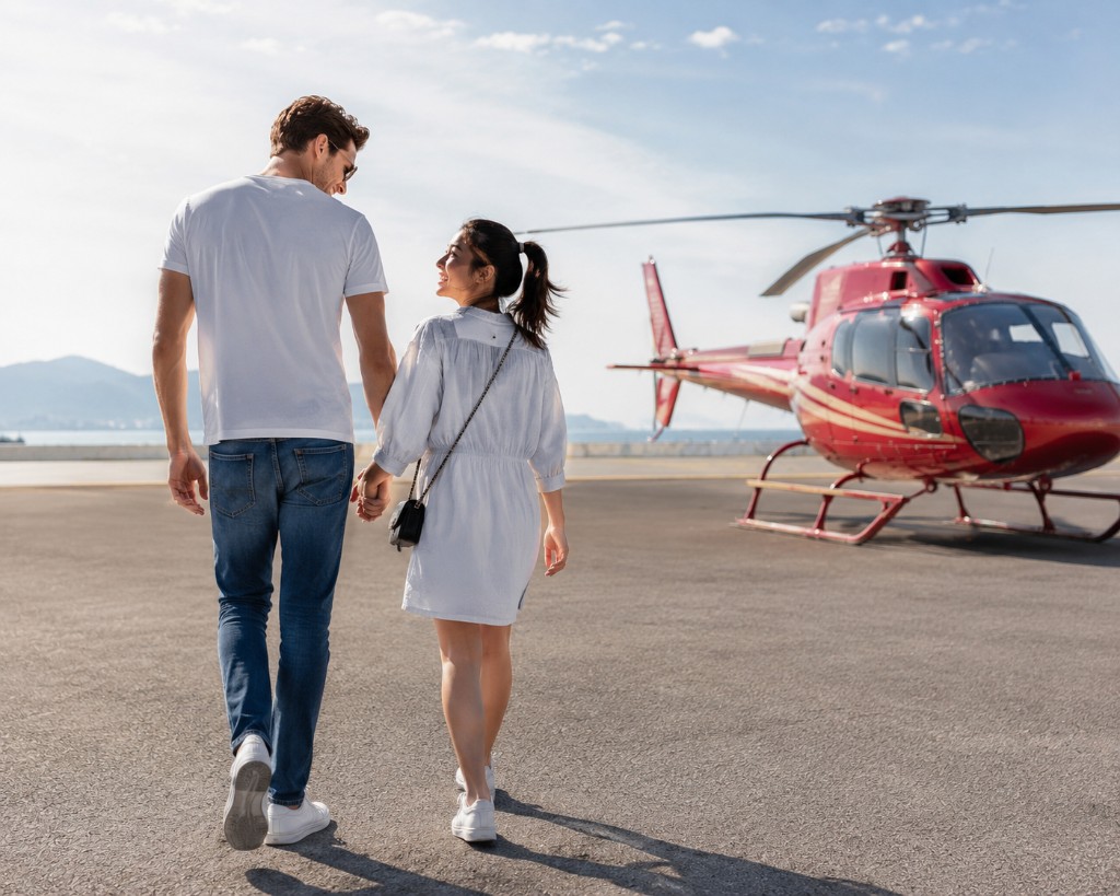 Couple walking on a helipad toward the aircraft, sea and sky in the background